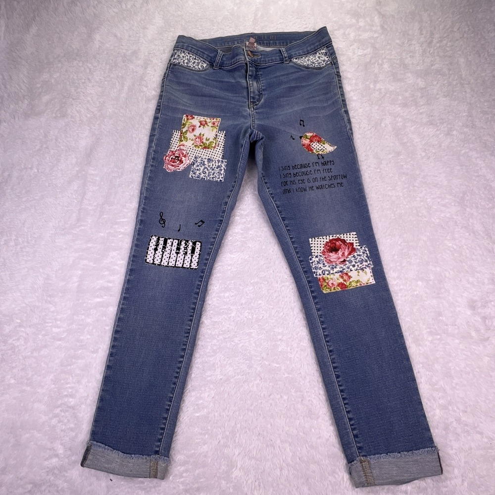 Y2K Juicy Couture Womens 12 Skinny Stretch Jeans Patchwork‎ Floral Music 28x27